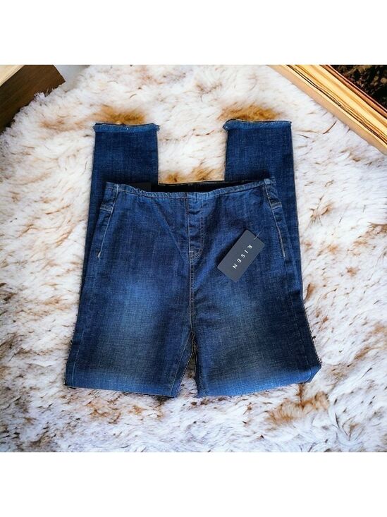 risen Denim - Risen Pull On High Rise Dark Wash Blue Denim Skinny Jeans Size Medium NWT